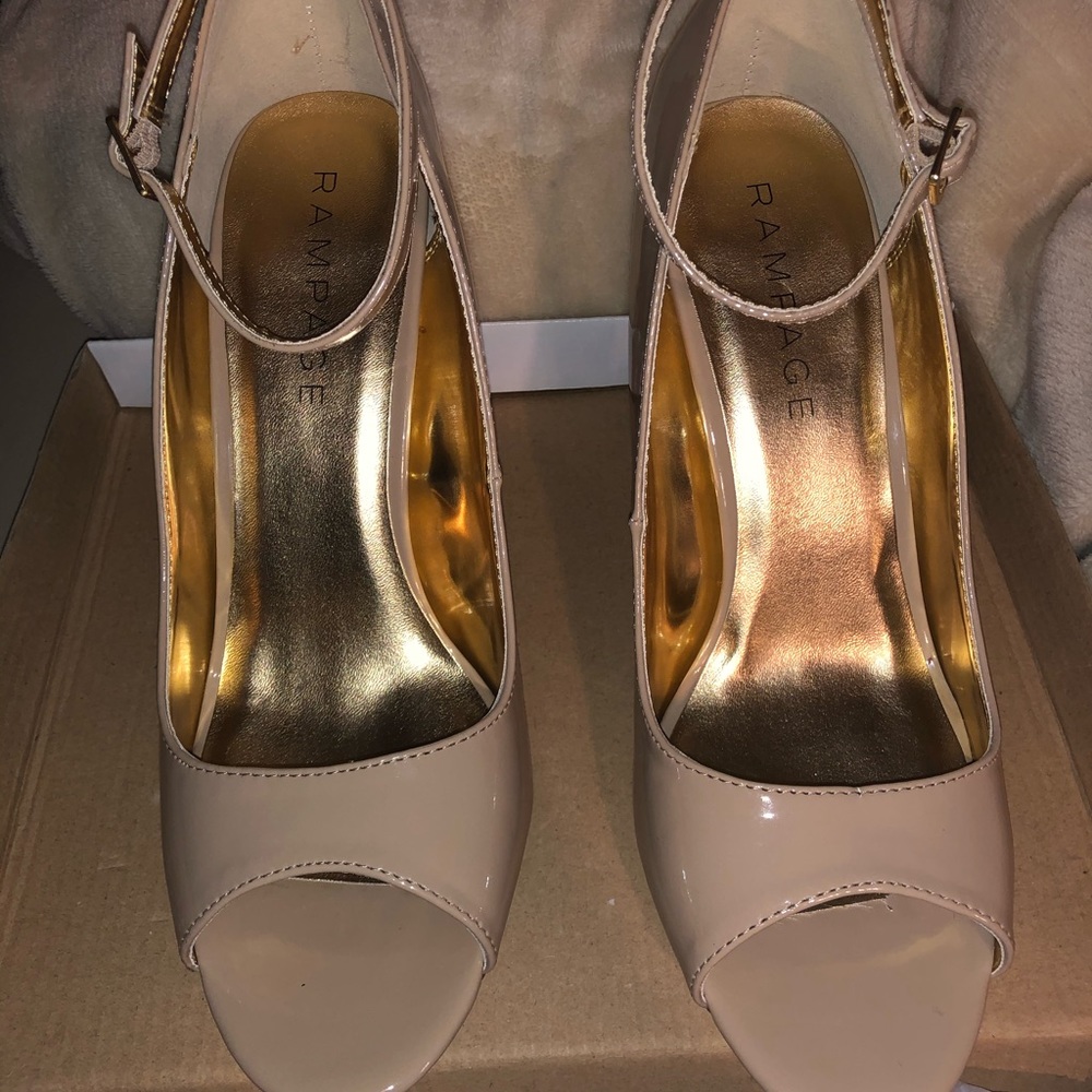 Nude Patent Leather Peep Toe Pumps - Picture 2 of 7